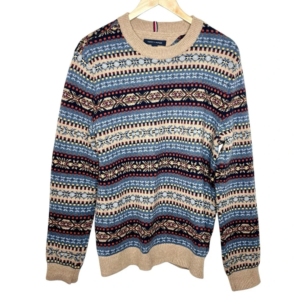 Tommy Hilfiger Fair Isle Wool Blend Sweater Mens Size L Colorful Crewneck Ski